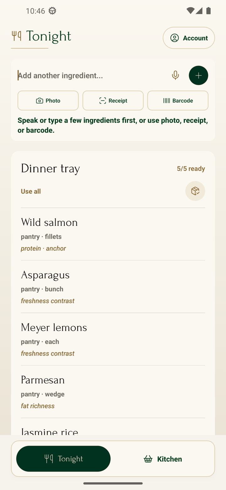 RouxChef Tonight home screen showing ingredient entry, tray actions, and an empty dinner tray ready to start.