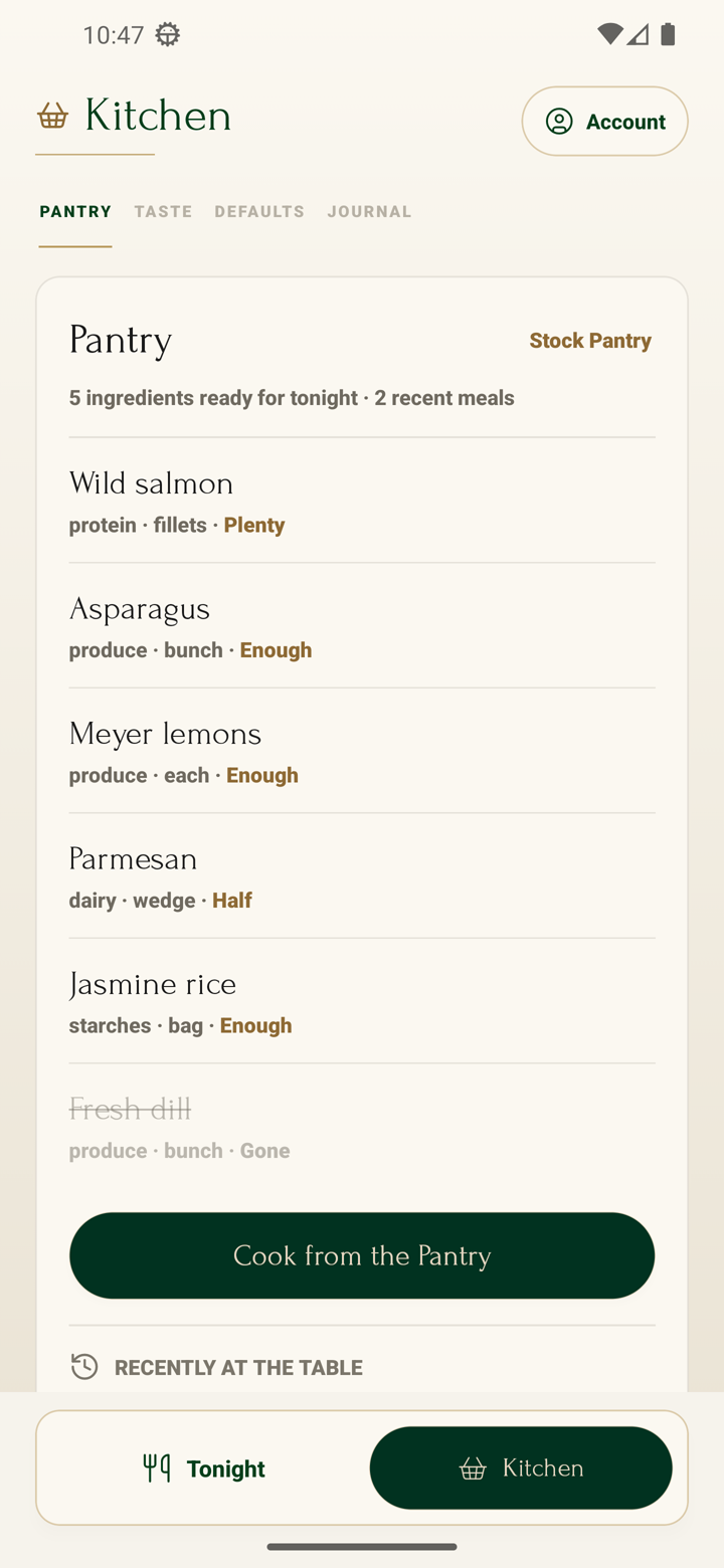 RouxChef Kitchen screen showing pantry items ready for tonight and a Cook from the Pantry action.