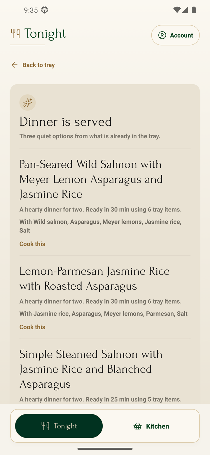 RouxChef Dinner is served screen showing three suggested recipes generated from the current tray.